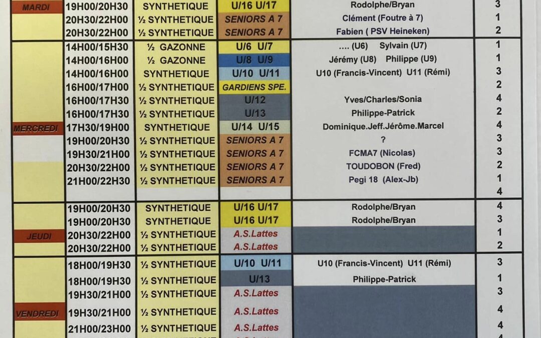 Planning des séances d’entraînement